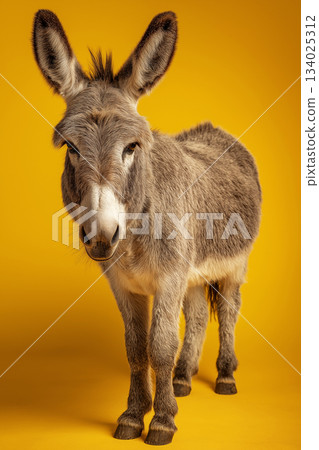 Donkey stands against a yellow studio backdrop. Studio lighting creates a warm, bold portrait. Donkey stands against a yellow studio backdrop. Studio lighting creates a warm, bold portrait. 134025312