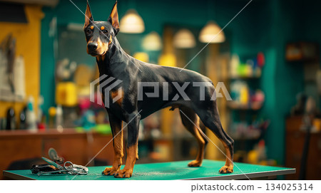 Doberman pinscher stands on a grooming table in a pet grooming salon. Grooming tools and warm lighting set a professional mood. Doberman pinscher stands on a grooming table in a pet grooming salon. Grooming tools and warm lighting set a professional mood. 134025314