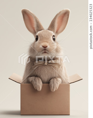Bunny in a cardboard box wearing a bow tie. Soft beige background highlights the bunny. Bunny in a cardboard box wearing a bow tie. Soft beige background highlights the bunny. 134025323