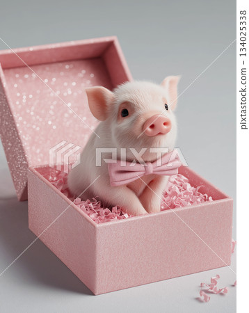 Piglet sits in a pink glitter box. A pink bow completes the cute scene. Piglet sits in a pink glitter box. A pink bow completes the cute scene. 134025338