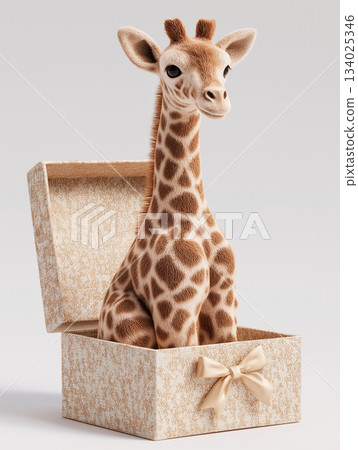 Giraffe calf sits in a gift box. Beige gift box with a satin bow adds a playful holiday mood. 134025346
