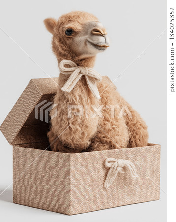 Camel sits in a textured box in a studio. A cream rope bow decorates its neck. Camel sits in a textured box in a studio. A cream rope bow decorates its neck. 134025352