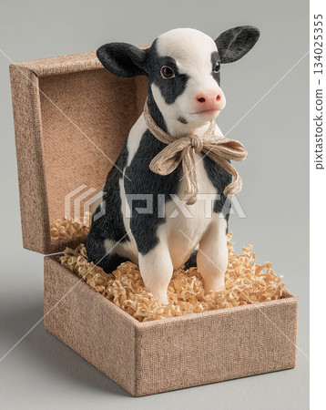 Holstein calf sits in a beige gift box. A twine bow adds charm to the cute setup. Holstein calf sits in a beige gift box. A twine bow adds charm to the cute setup. 134025355