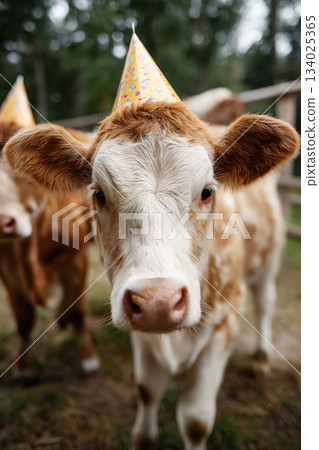 Calf wearing party hat stands in a farmyard. Party hats indicate a farm celebration. 134025365