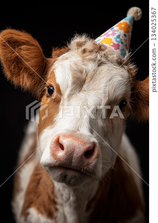 Cow with a colorful party hat stands against a black background. Colorful hat and close-up cow face convey a playful birthday vibe. Cow with a colorful party hat stands against a black background. Colorful hat and close-up cow face convey a playful birthday vibe. 134025367