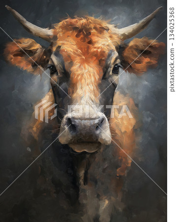 Brown cow head portrait stands against a dark background. Swirling brushwork and warm orange tones create drama Brown cow head portrait stands against a dark background. Swirling brushwork and warm orange tones create drama 134025368