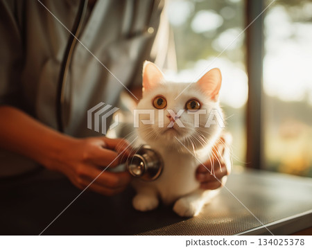 Veterinarian examines a white cat with a stethoscope at a veterinary clinic. Warm daylight bathes the clinic. Veterinarian examines a white cat with a stethoscope at a veterinary clinic. Warm daylight bathes the clinic. 134025378