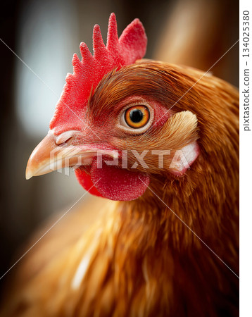 Chicken head close up against brown background. Bright eye and vivid comb dominate the frame. Chicken head close up against brown background. Bright eye and vivid comb dominate the frame. 134025380