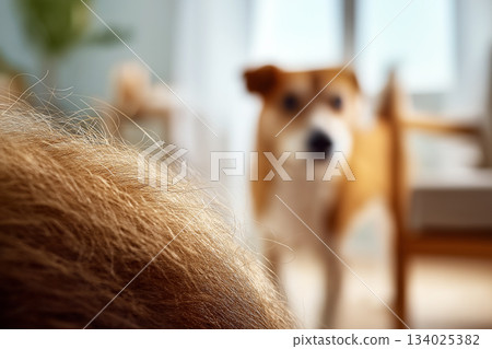 Dog stands in living room with blurred foreground hair. Sunlit mood and soft focus create a cozy home scene. 134025382