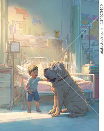 boy and bulldog visit hospital room. soft light bathes the bed and dog boy and bulldog visit hospital room. soft light bathes the bed and dog 134025409