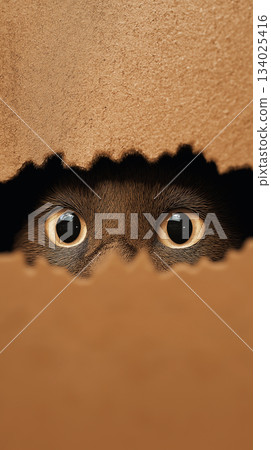 Curious kitten peeks at torn cardboard. Bright eyes stare. 134025416