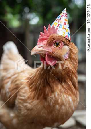 Chicken wearing a party hat in a farmyard. Colorful party hat signals celebration. Chicken wearing a party hat in a farmyard. Colorful party hat signals celebration. 134025418