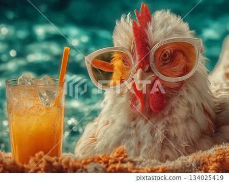 Chicken wearing oversized glasses sipping orange juice by the pool. Bright sunny afternoon mood. Chicken wearing oversized glasses sipping orange juice by the pool. Bright sunny afternoon mood. 134025419