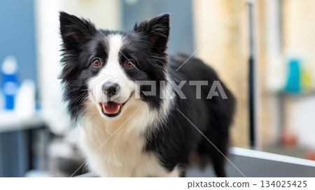 Border collie smiles in a veterinary clinic. Bright lights highlight dog. Border collie smiles in a veterinary clinic. Bright lights highlight dog. 134025425