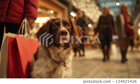 Brown and white dog sits in the foreground at a shopping mall with red shopping bags. Shoppers walk by as warm lights glow. Brown and white dog sits in the foreground at a shopping mall with red shopping bags. Shoppers walk by as warm lights glow. 134025426