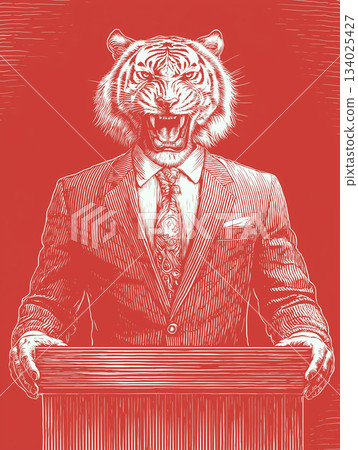 Tiger head in suit roars behind podium. Red background frames bold leader. 134025427
