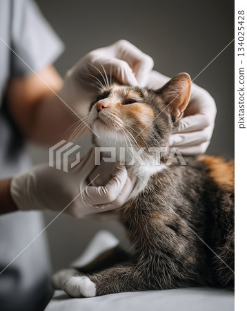 Calico cat examined by veterinarian at veterinary clinic. Gloved hands cradle cat during checkup. Calico cat examined by veterinarian at veterinary clinic. Gloved hands cradle cat during checkup. 134025428