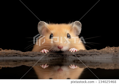 Mouse reflection highlights its cute whiskers and small furry nature in an adorable animal portrait Mouse reflection highlights its cute whiskers and small furry nature in an adorable animal portrait 134025468
