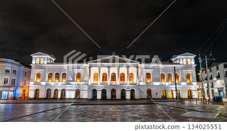 Sucre National Theater stands on Plaza del Teatro in historic center of Quito, Ecuador. Neoclassical building features white facade with columns and statues in UNESCO World Heritage site Sucre National Theater stands on Plaza del Teatro in historic center of Quito, Ecuador. Neoclassical building features white facade with columns and statues in UNESCO World Heritage site 134025551