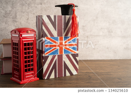 UK flag with graduate hat on english language book. 134025610