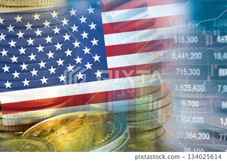 Stock market investment trading financial, coin and US America flag finance business. 134025614