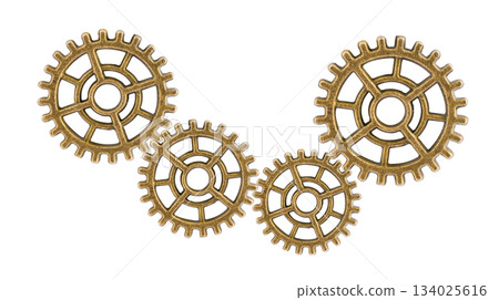 Gear and cogs wheels isolated on a white background, clock mechanism, brass metal engine industrial. 134025616