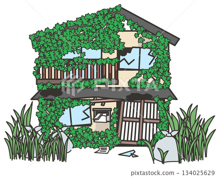 Illustration of an abandoned house in dilapidated condition 134025629