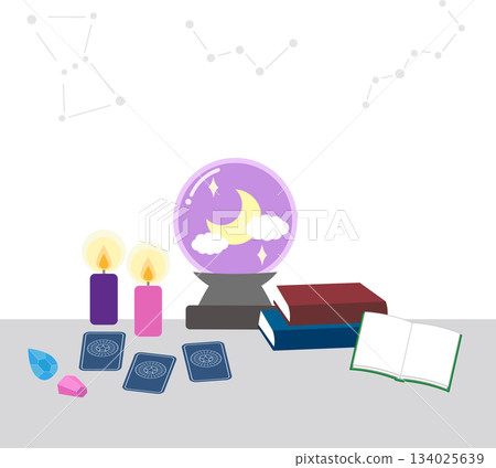 Fortune-telling illustration material (crystal ball, candle, tarot cards, book, constellation background) Fortune-telling illustration material (crystal ball, candle, tarot cards, book, constellation background) 134025639