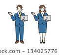 Smiling men and women in suits guiding people Full-body illustration of a company employee with a computer 134025776