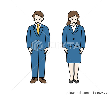 Full-body illustration of a man and woman in a suit bowing Full-body illustration of a man and woman in a suit bowing 134025779
