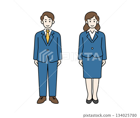 身著西裝、微笑的男女員工全身像 身著西裝、微笑的男女員工全身像 134025780