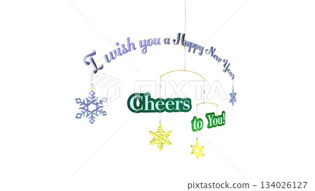 3D image of a mobile using New Year's card English phrases (PNG material) 134026127