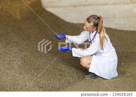 Female veterinarian checking pelleted livestock feed Female veterinarian checking pelleted livestock feed 134026165