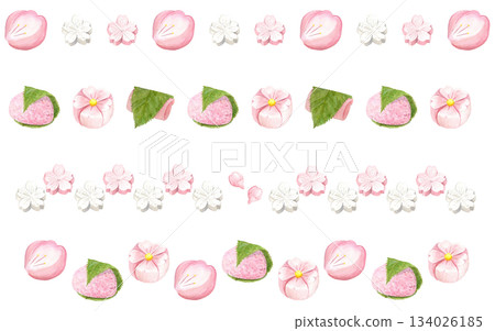 一套四款櫻花日式點心水彩線條畫：練切、道明寺、櫻餅和和三盆。春季日式點心裝飾素材。 134026185