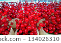 Macro Shot of Glossy Red Artificial Berries in White Ceramic Pots 134026310