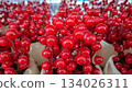 Macro Shot of Glossy Red Artificial Berries in White Ceramic Pots 134026311