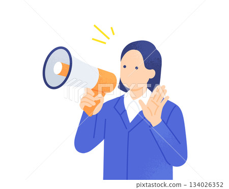 一位身穿工作服的女士手持擴音器，正在指揮交通。向量圖素材 134026352