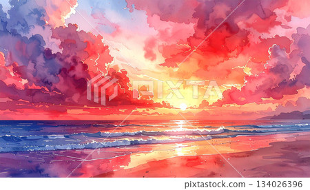 熱帶傍晚的大海和沙灘,天空被染成紅色,水彩風格 熱帶傍晚的大海和沙灘,天空被染成紅色,水彩風格 134026396