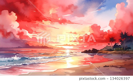 熱帶傍晚的大海和沙灘,天空被染成紅色,水彩風格 熱帶傍晚的大海和沙灘,天空被染成紅色,水彩風格 134026397