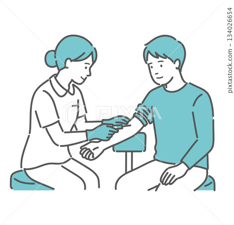 護士為一名男子抽血（手臂穿刺）的插圖 134026654