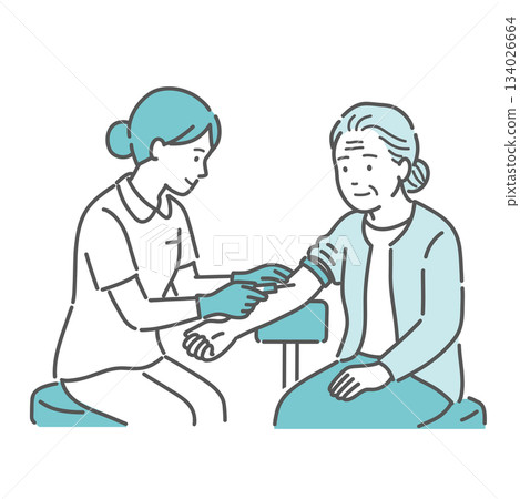 Illustration of a nurse taking blood from an elderly woman (arm/checkup) 134026664