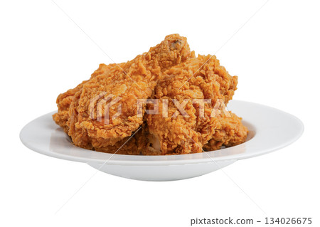 Fried chicken drumstick pieces on white plate isolated on whte background with clipping path. Fried chicken drumstick pieces on white plate isolated on whte background with clipping path. 134026675