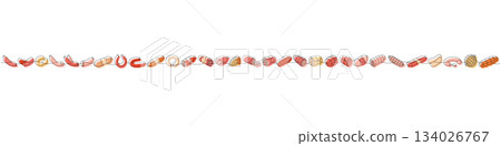 Sausages set. Fresh raw sausages one line colored continuous drawing. Vector illustration Sausages set. Fresh raw sausages one line colored continuous drawing. Vector illustration 134026767