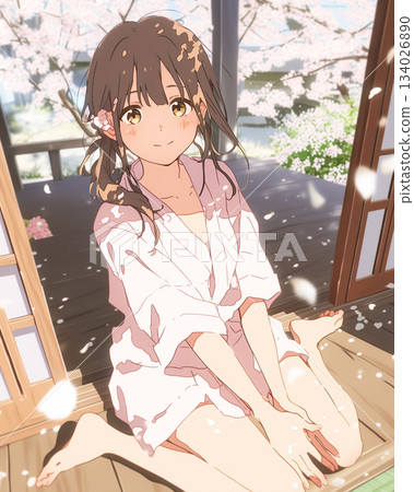 一位美麗的少女在櫻花飄落的陽台上微笑 | 春日陽光蔓延的動漫插畫 一位美麗的少女在櫻花飄落的陽台上微笑 | 春日陽光蔓延的動漫插畫 134026890