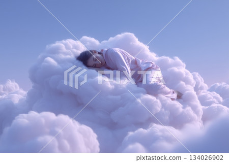 夢境中，一個奇幻的人物睡在雲端。 134026902