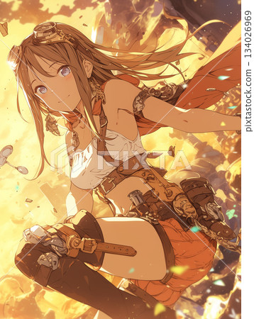 Beautiful girl in steampunk-style gear | Dynamic anime illustration 134026969