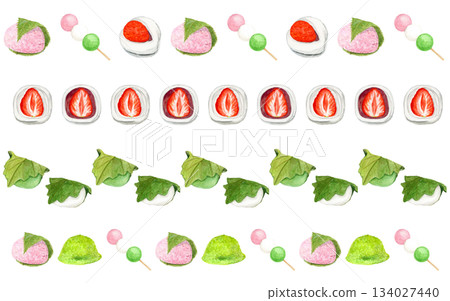 Set of four spring Japanese sweets decorative lines: Sakura mochi, Uguisu mochi, Ichigo daifuku, Kashiwa mochi, and three-colored dumplings. Watercolor hand-painted material. 134027440