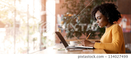 Young black lady taking notes in front of laptop, looking for job online at cafe, empty space Young black lady taking notes in front of laptop, looking for job online at cafe, empty space 134027499