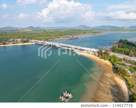 Aerial view of Sarasin bridge road transportation background concept The bridge is a between Phang Nga and Phuket island Thailand The bridge is the most important in making business and transportation 134027738