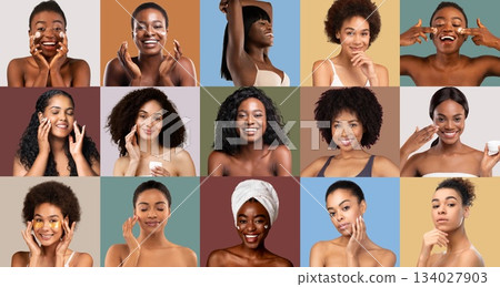 A collection of women demonstrating various skincare routines, each displaying genuine smiles and engagement. The vibrant backgrounds enhance their individual beauty, celebrating diversity. 134027903
